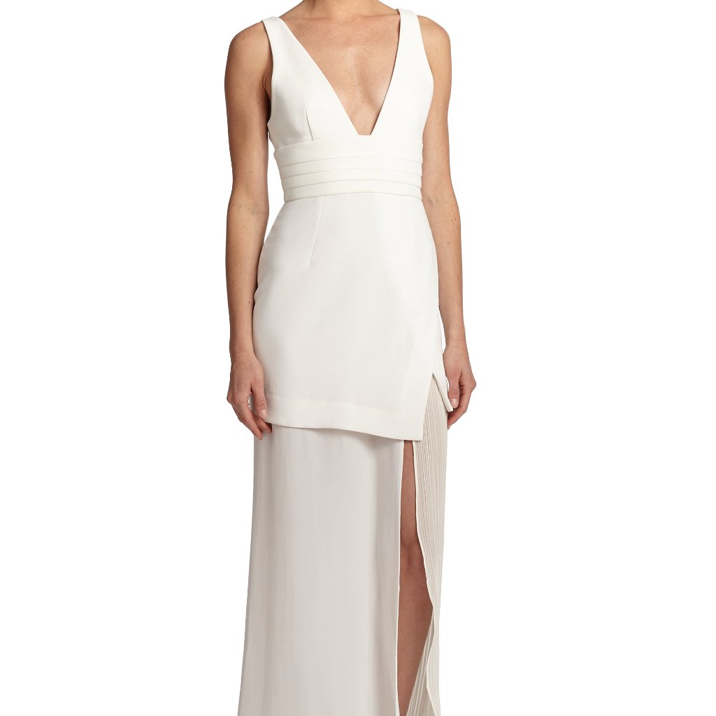 Nicholas Synthetic Asymmetrical L:Ayered Crepe Deep V Off White Gown Dress
